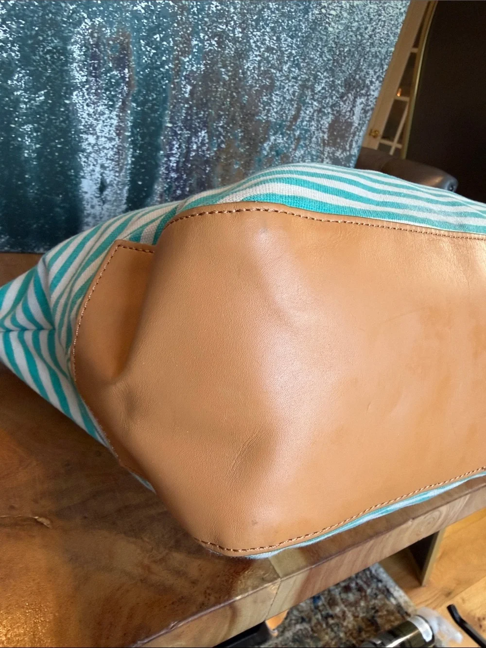 Tory Burch Rare Coastal Grandmother 2010’s Sophia Striped Canvas Tote Aqua GUC